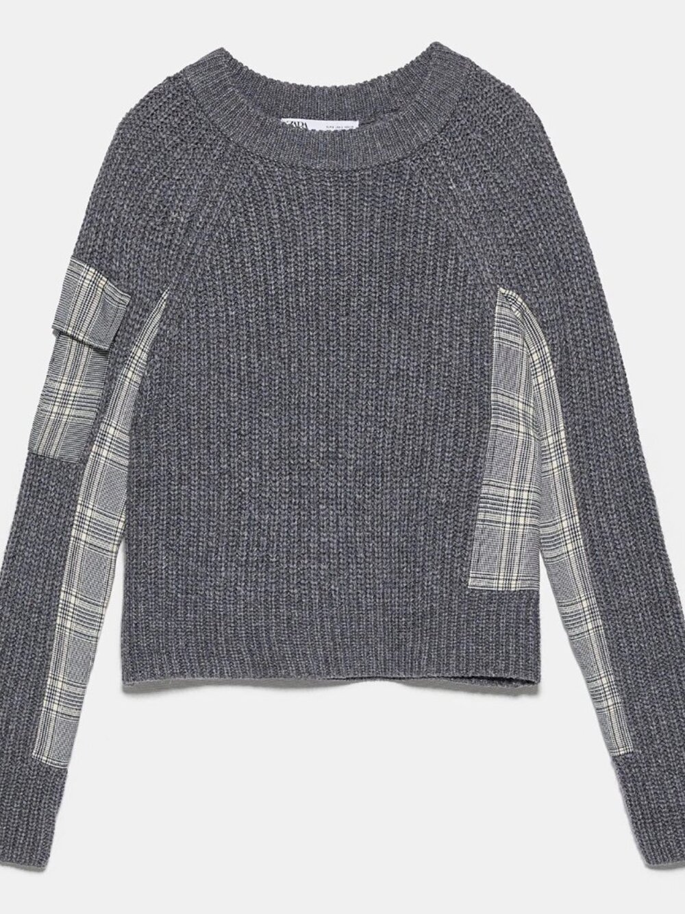 ZARA Women's Size Small Grey Plaid Patchwork Panel Long Sleeve Crop Knit Sweater
